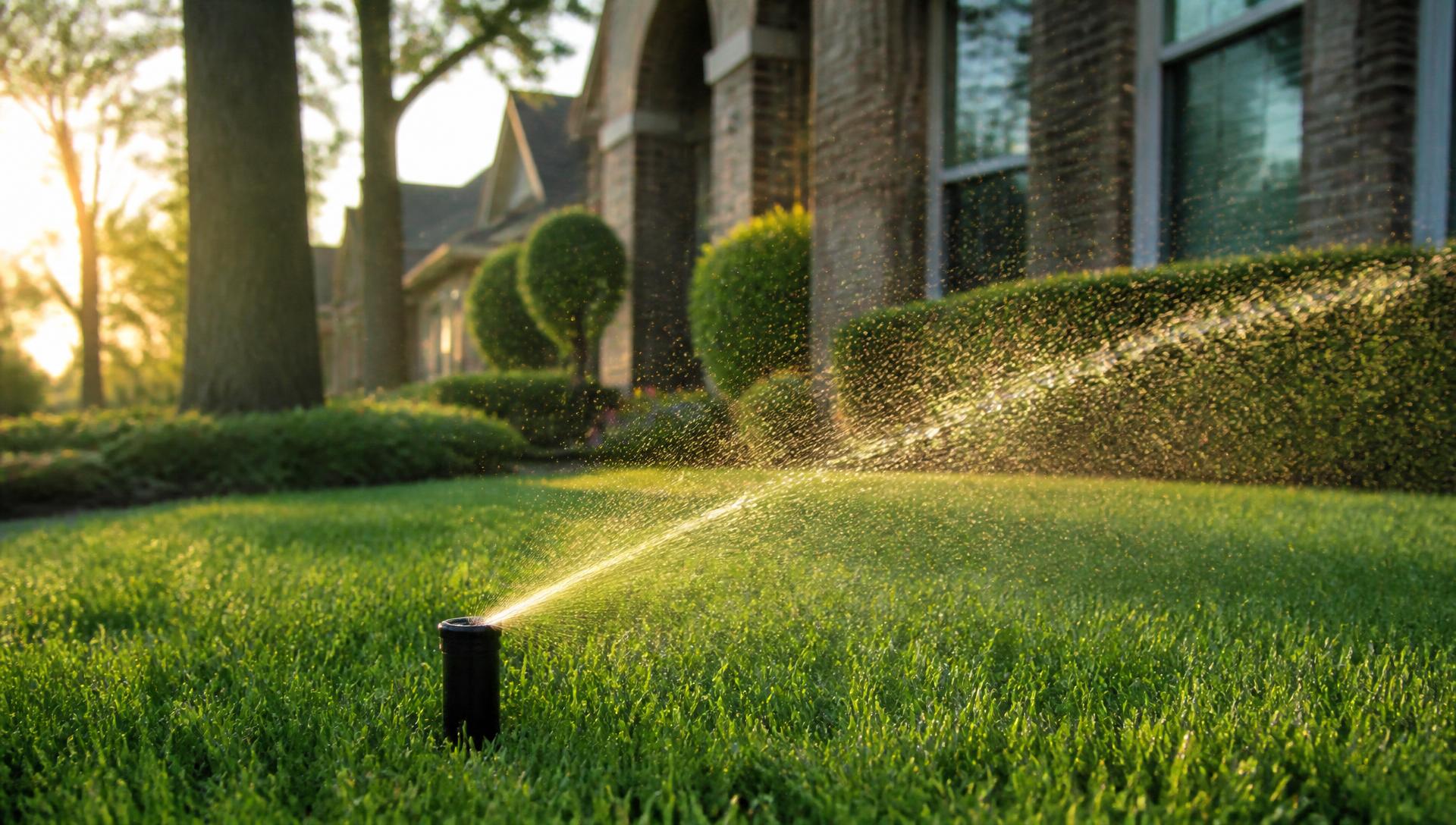 Sprinkler head watering a green Plano lawn at sunset