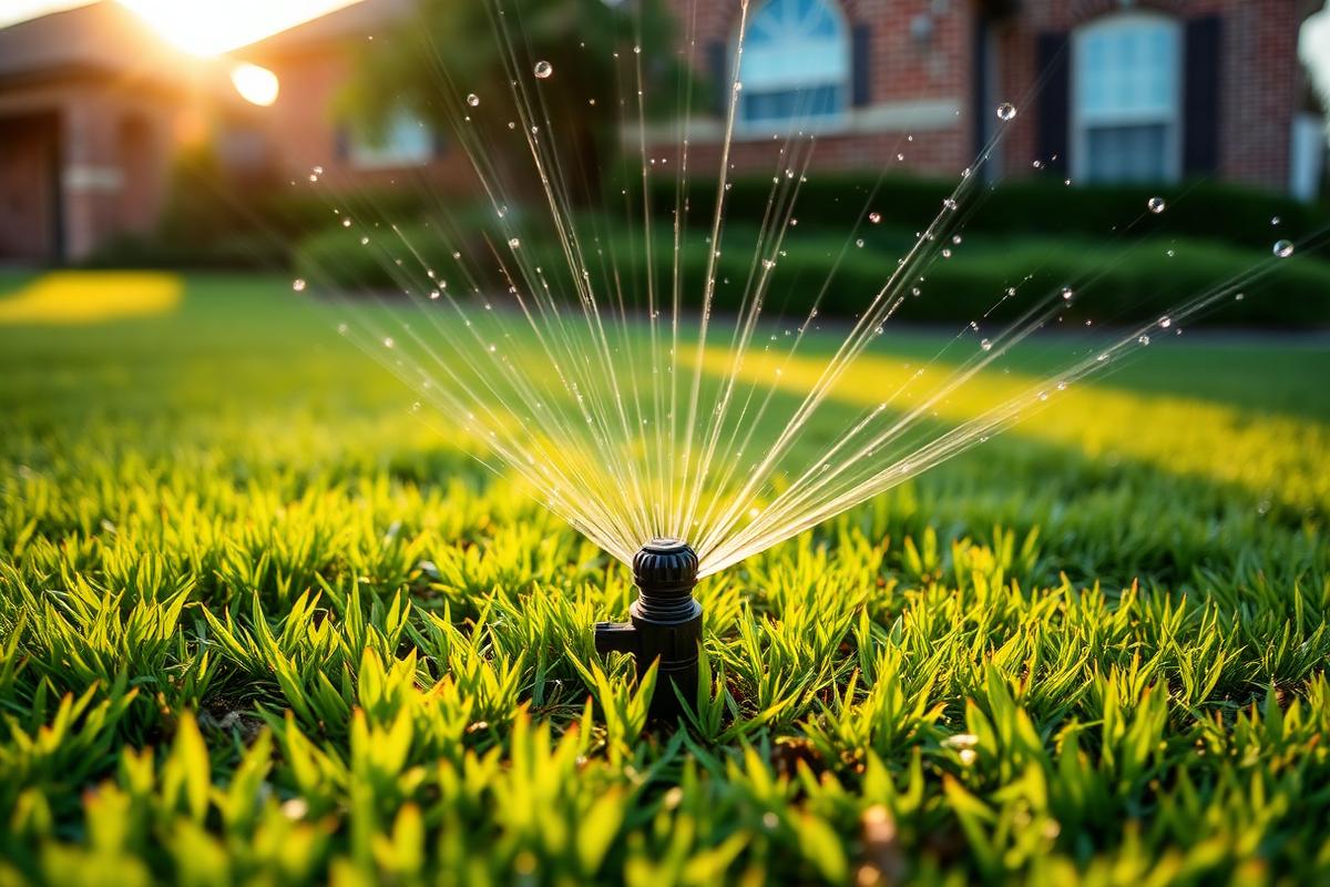 Rotor sprinkler head watering a St. Augustine lawn in Hebron, TX (Denton County)