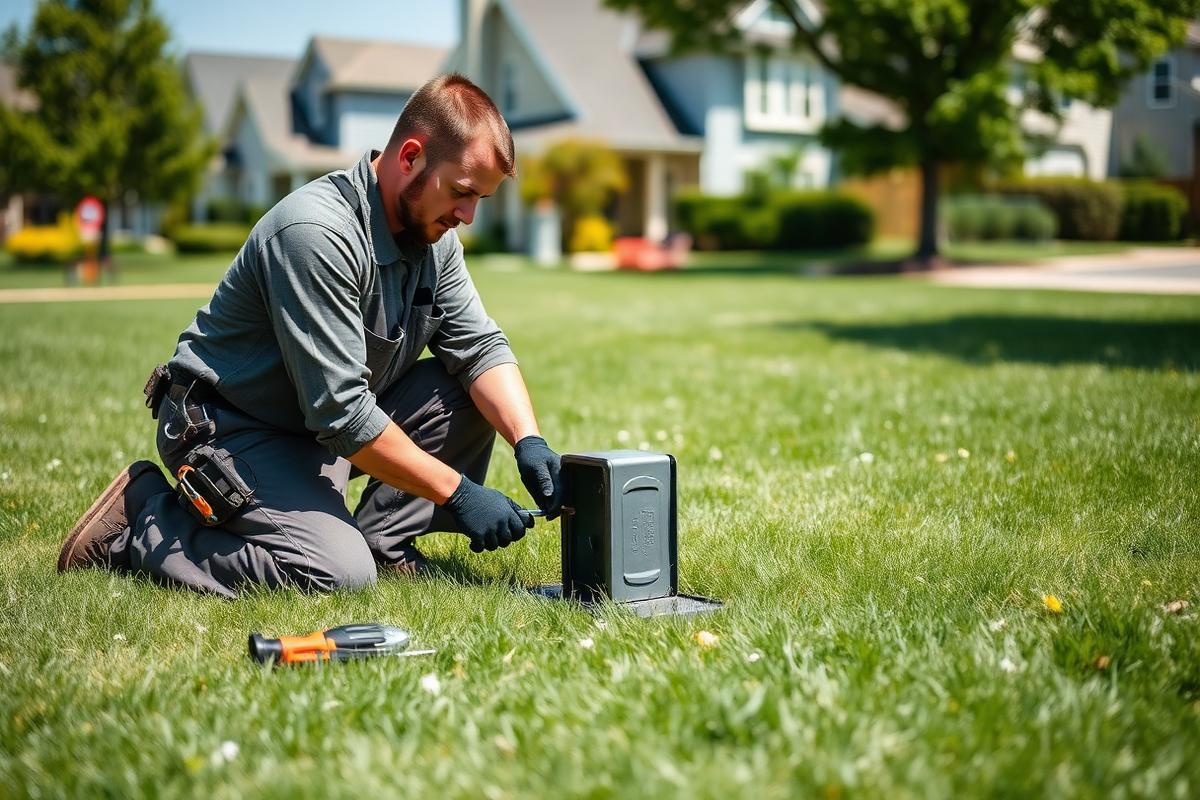 Technician testing an irrigation valve box at a Anna, TX home in Collin County