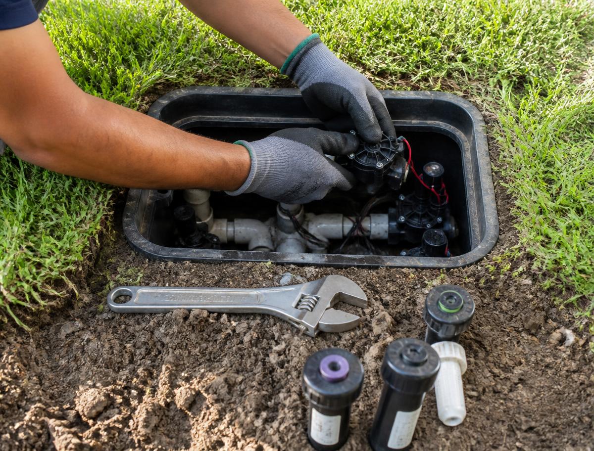 Technician servicing an irrigation valve manifold in a Houston yard